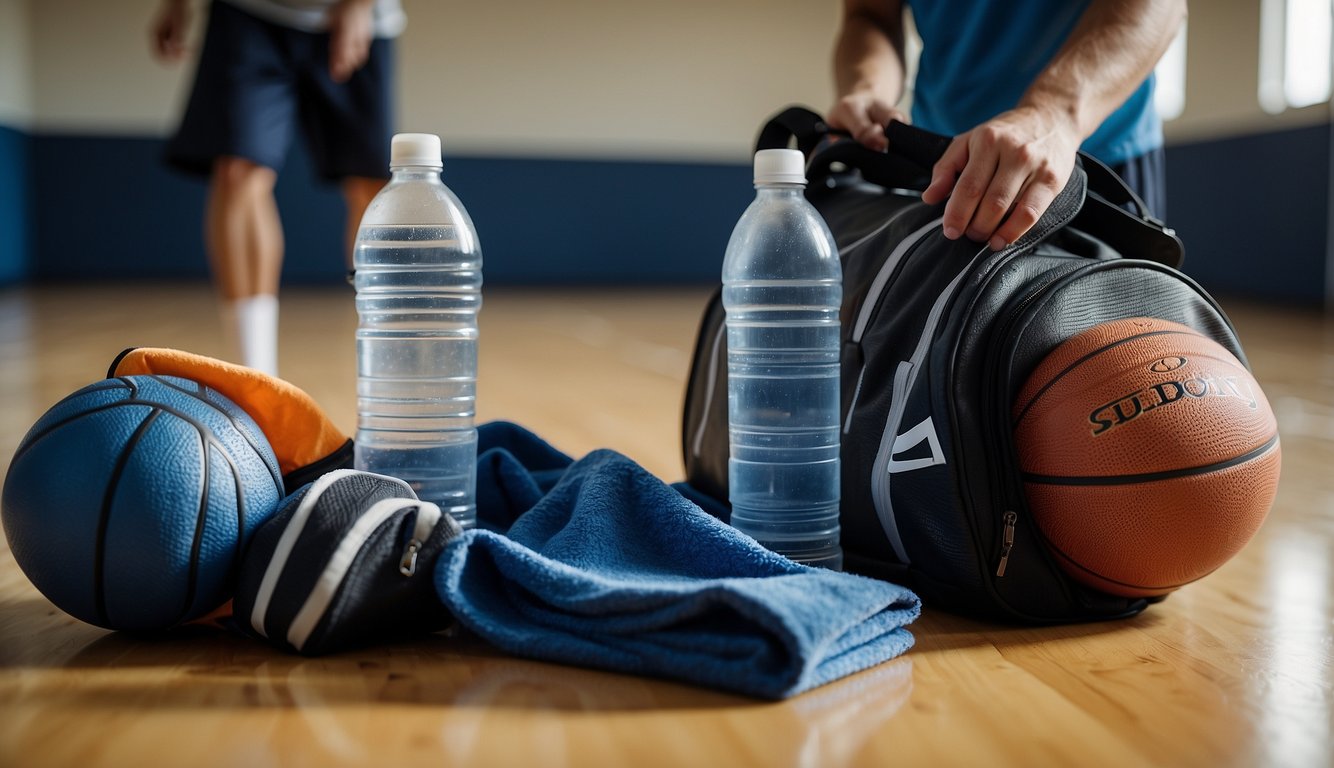 A parent packing a sports bag with water bottle, basketball, and towel for their child's basketball practice