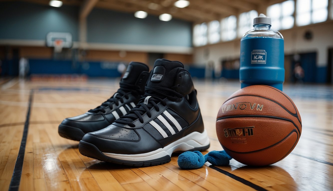 A basketball bag with a water bottle, towel, and sneakers on a gym floor