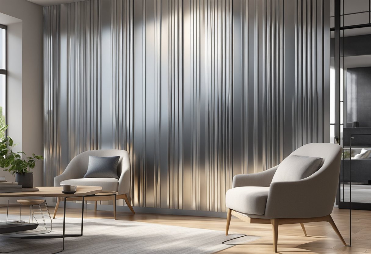 An aluminum wall panel reflects sunlight, casting a shimmering glow across its surface. The panel is sleek and modern, with clean lines and a metallic sheen