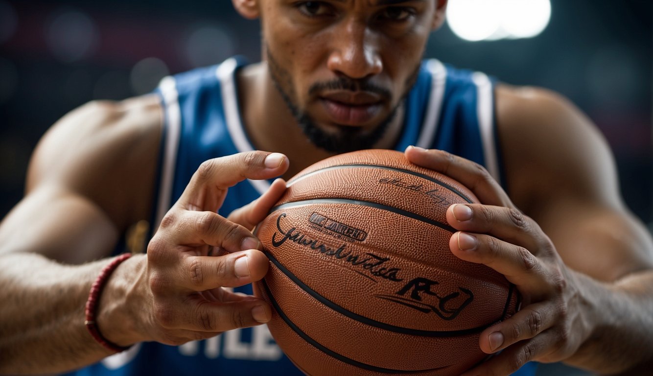 A basketball player holds their jammed finger, wincing in pain. They reach for ice and wrap their finger in a bandage