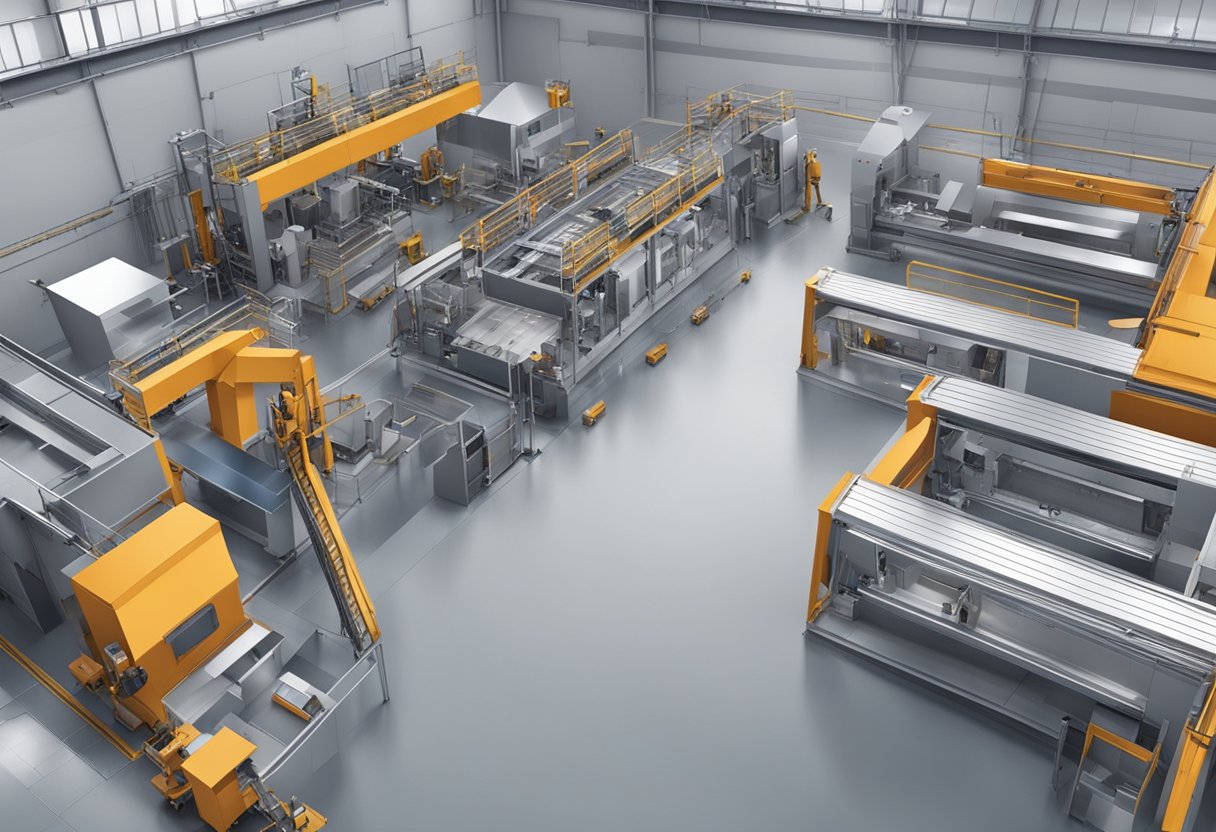 Machines cut, shape, and assemble aluminum panels in a factory setting