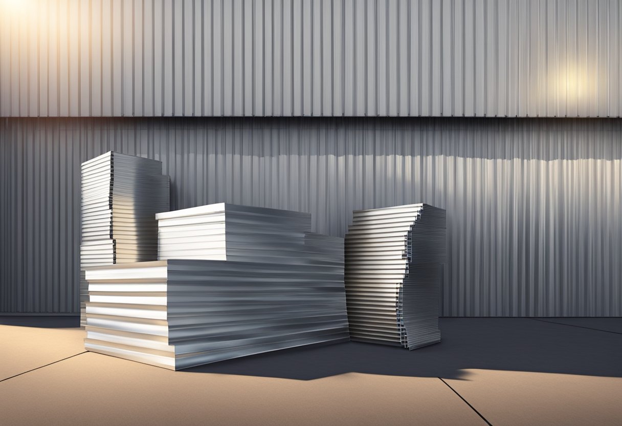 A stack of corrugated aluminum panels leaning against a warehouse wall, catching the sunlight and casting shadows on the ground