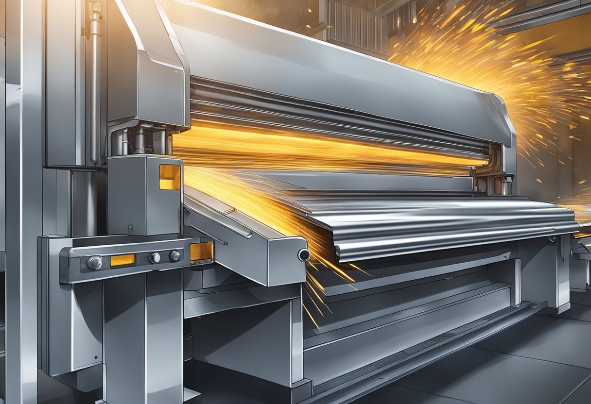 Machines bend and shape aluminum sheets into corrugated panels. Sparks fly as the metal is cut and welded together
