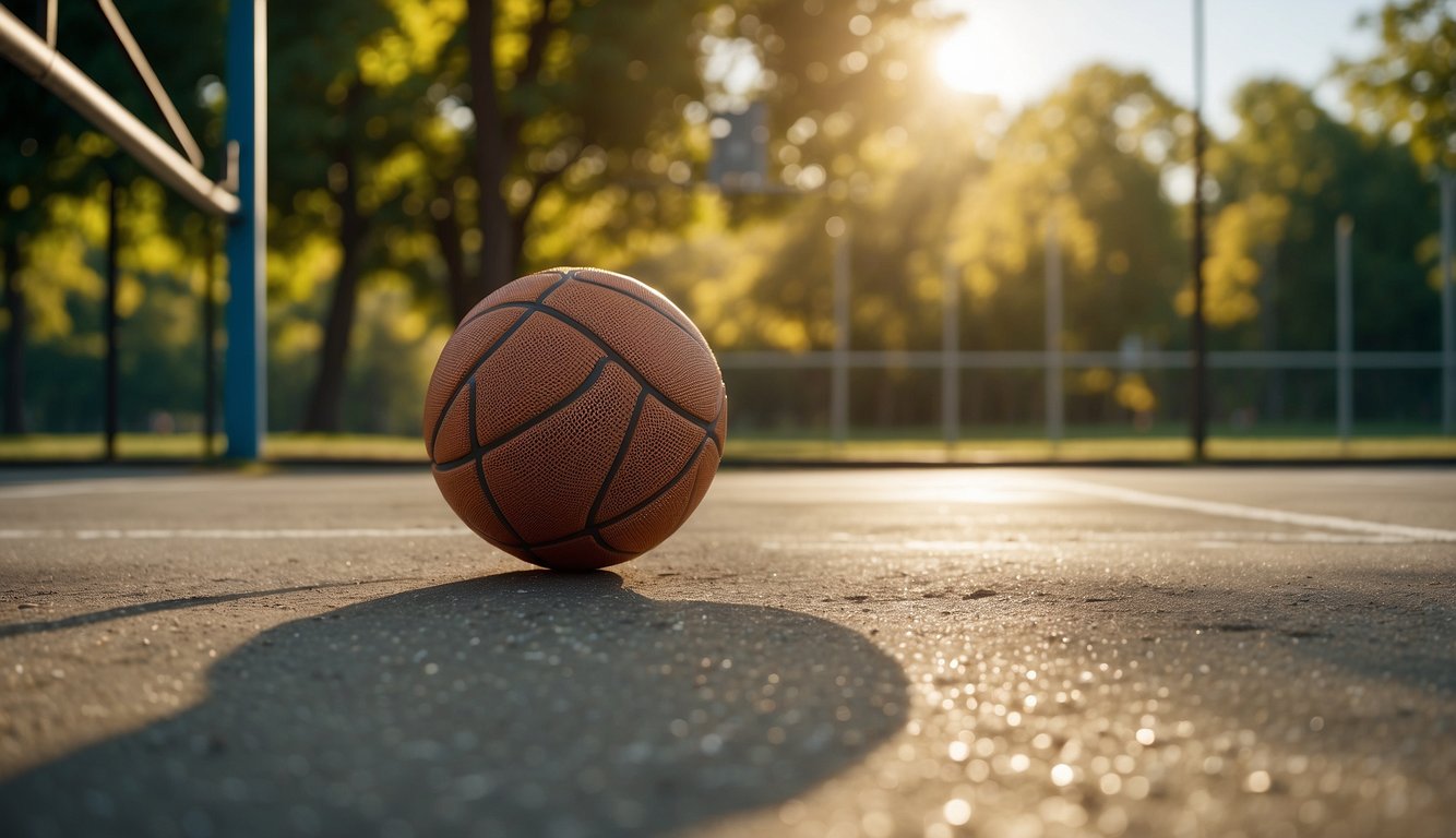 A basketball bouncing on a concrete court under the bright sun, surrounded by a chain-link fence and green trees in the background