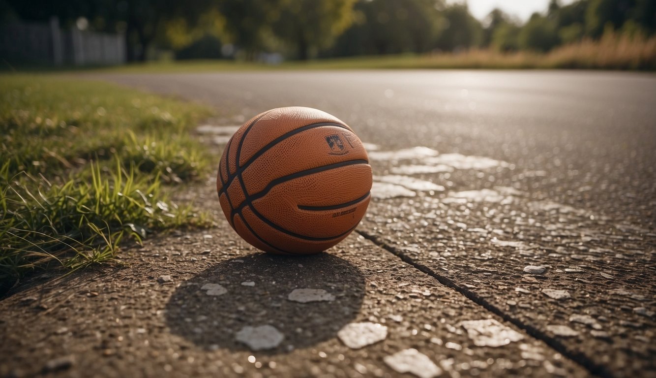 An outdoor basketball sits on a weathered court, surrounded by cracked pavement and overgrown grass. Its durable, textured surface and sturdy construction suggest resilience to harsh outdoor conditions