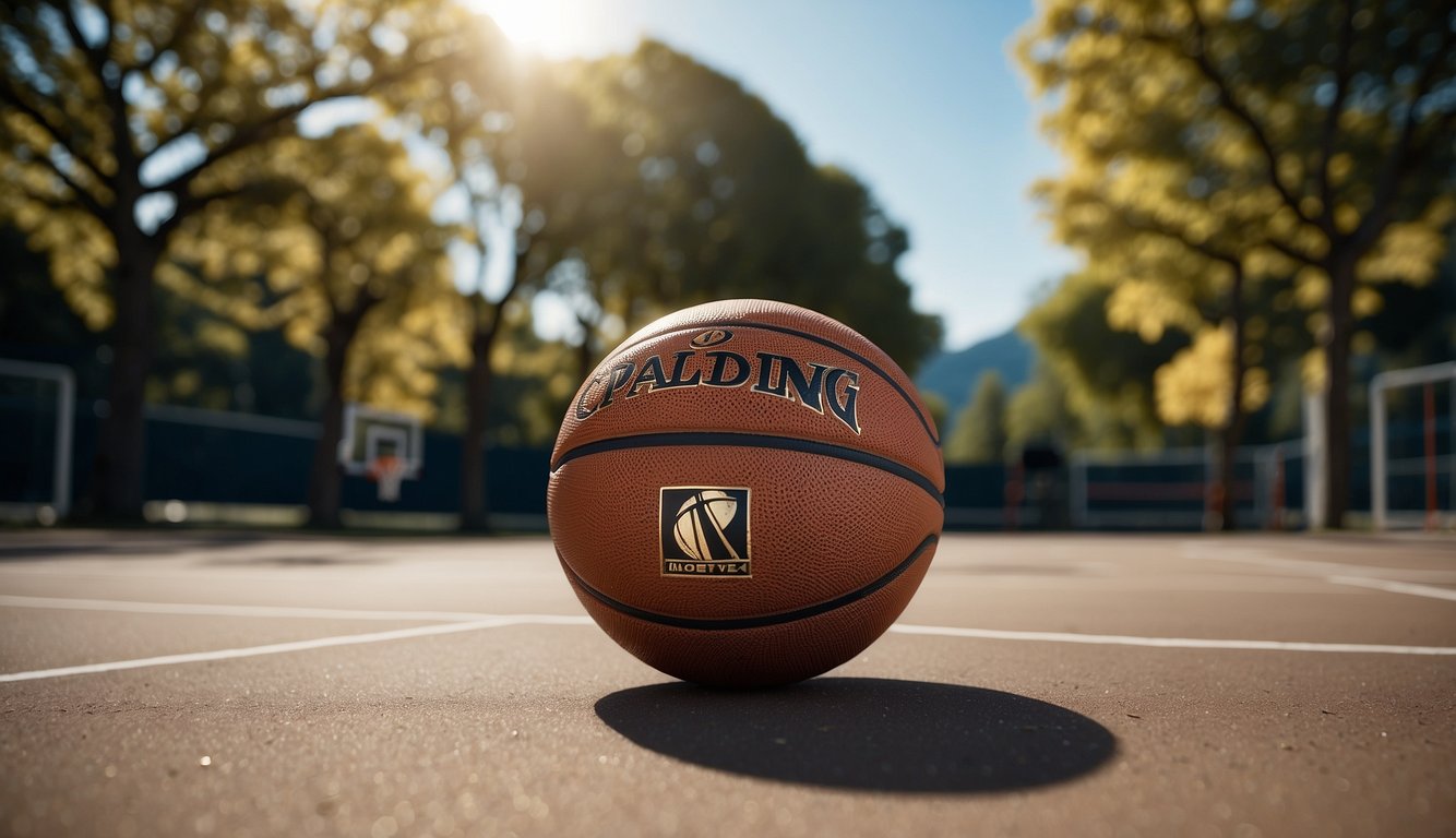 A basketball court with branded outdoor basketballs from top brands displayed on a stand, surrounded by a vibrant outdoor setting