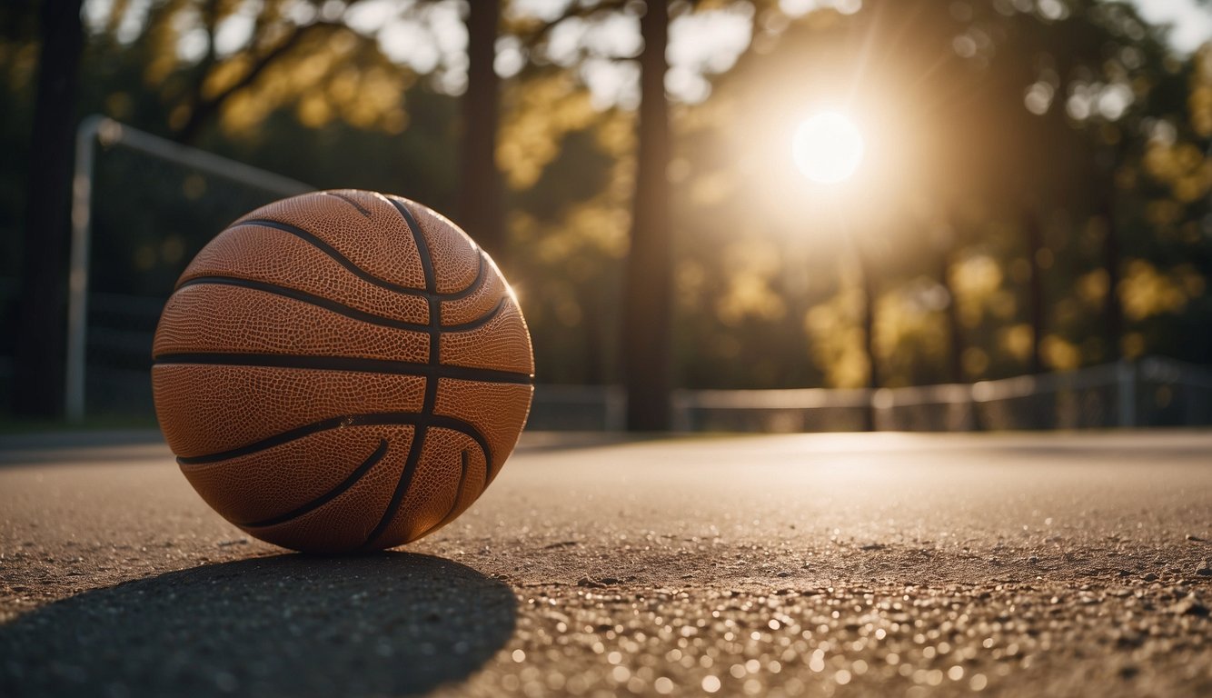 A basketball bounces on a concrete court, surrounded by a chain-link fence and tall trees. The sun shines down, casting long shadows on the ground