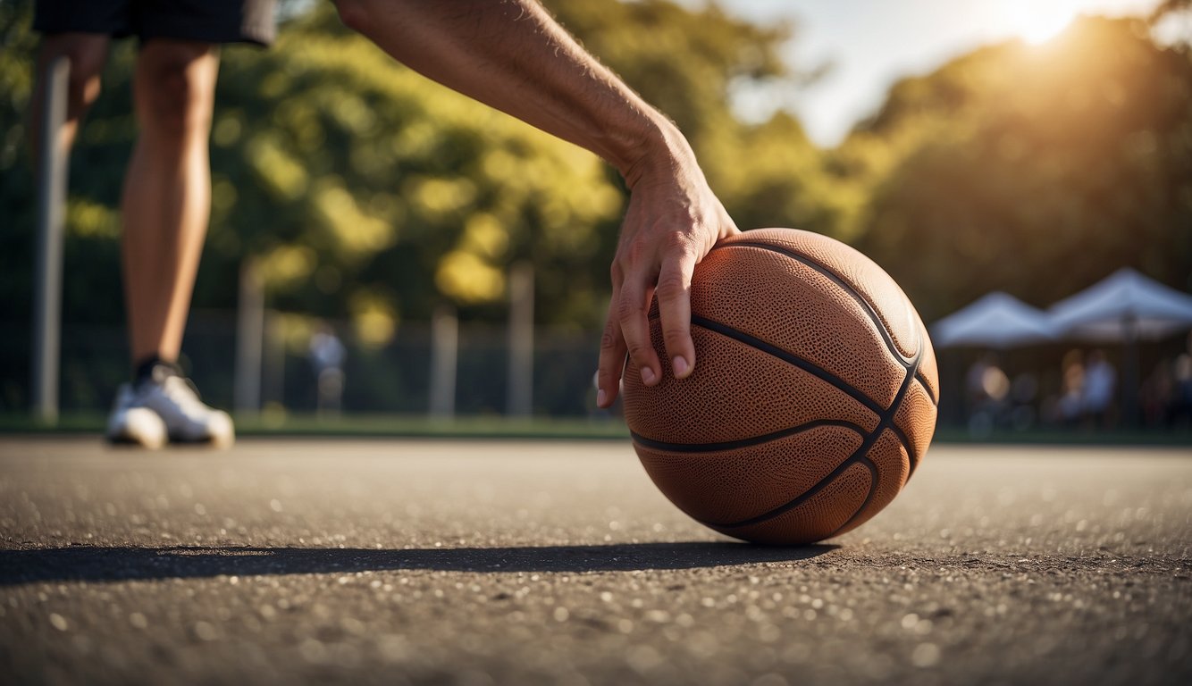 A hand reaches for a basketball among various options, with an outdoor setting in the background