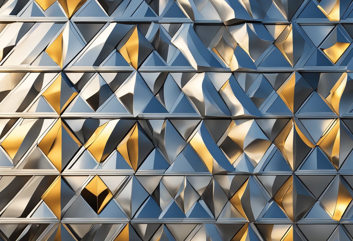 Decorative aluminum panels arranged in a geometric pattern on a building facade. Sunlight reflects off the sleek, metallic surface, creating a modern and industrial aesthetic