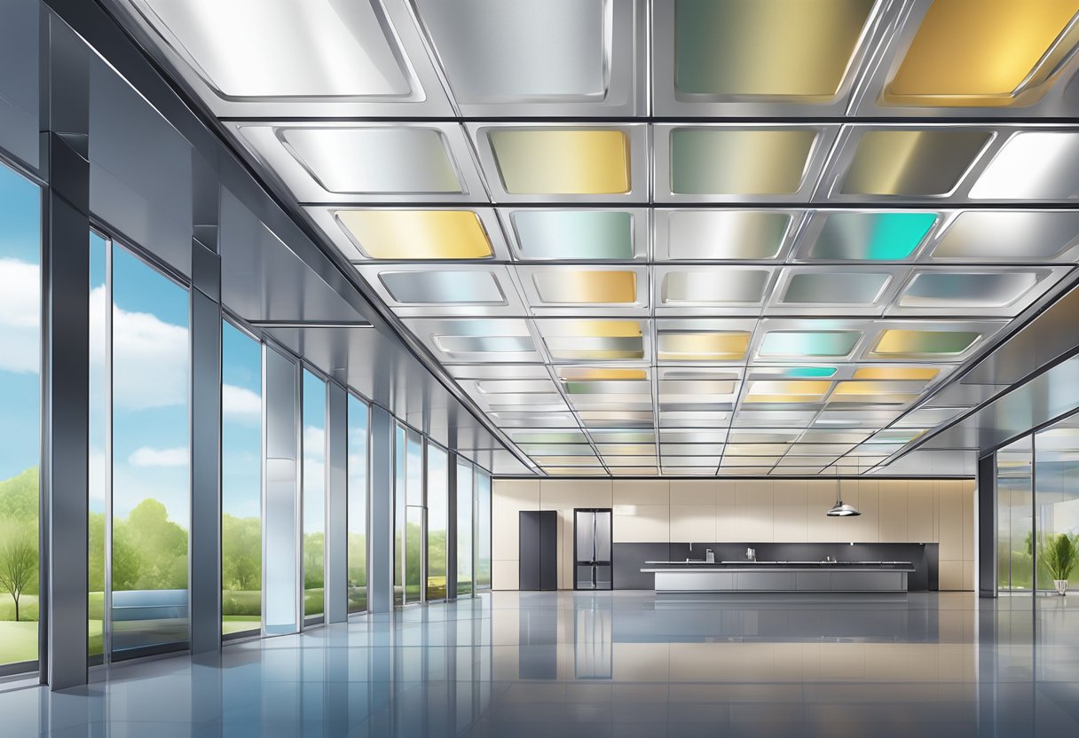 An aluminum panel ceiling reflects light, with clean lines and a modern aesthetic