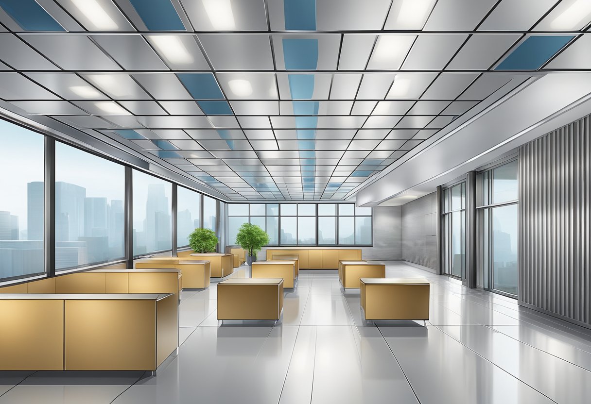 An overhead view of an aluminum panel ceiling, with clean lines and a modern, sleek appearance