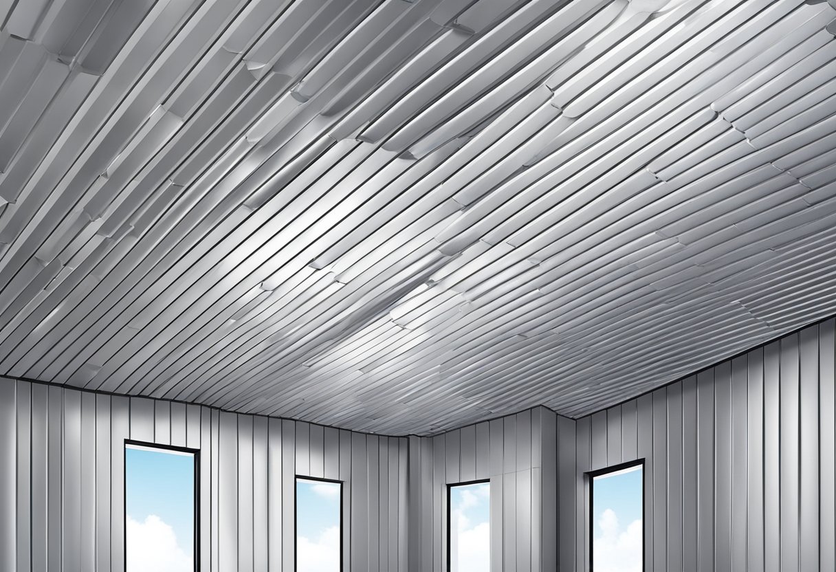 Aluminum panels being installed on a ceiling in a precise and orderly manner