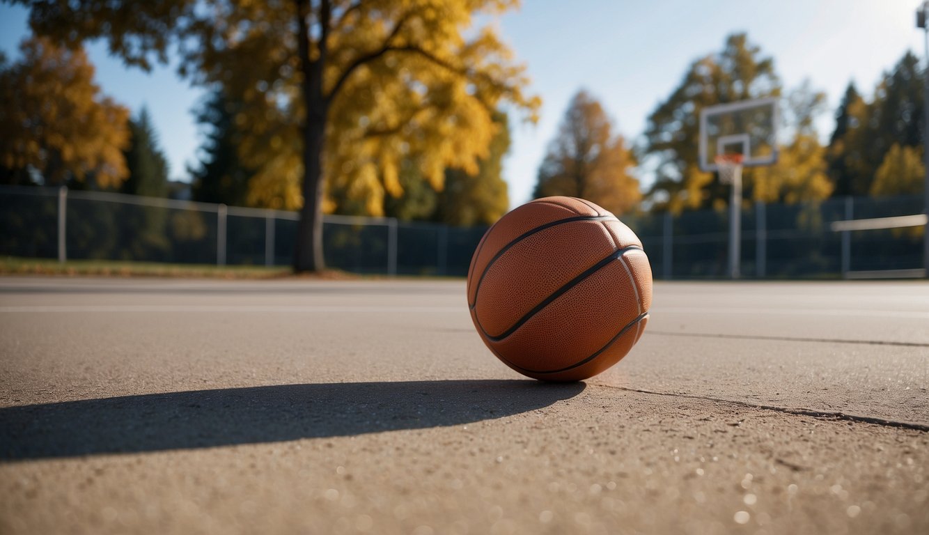 A basketball bouncing on a concrete court, surrounded by trees and under a clear blue sky