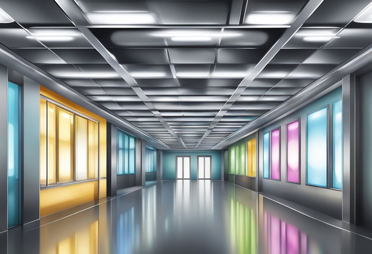 A shiny aluminum ceiling panel reflects the overhead lights, creating a sleek and modern look