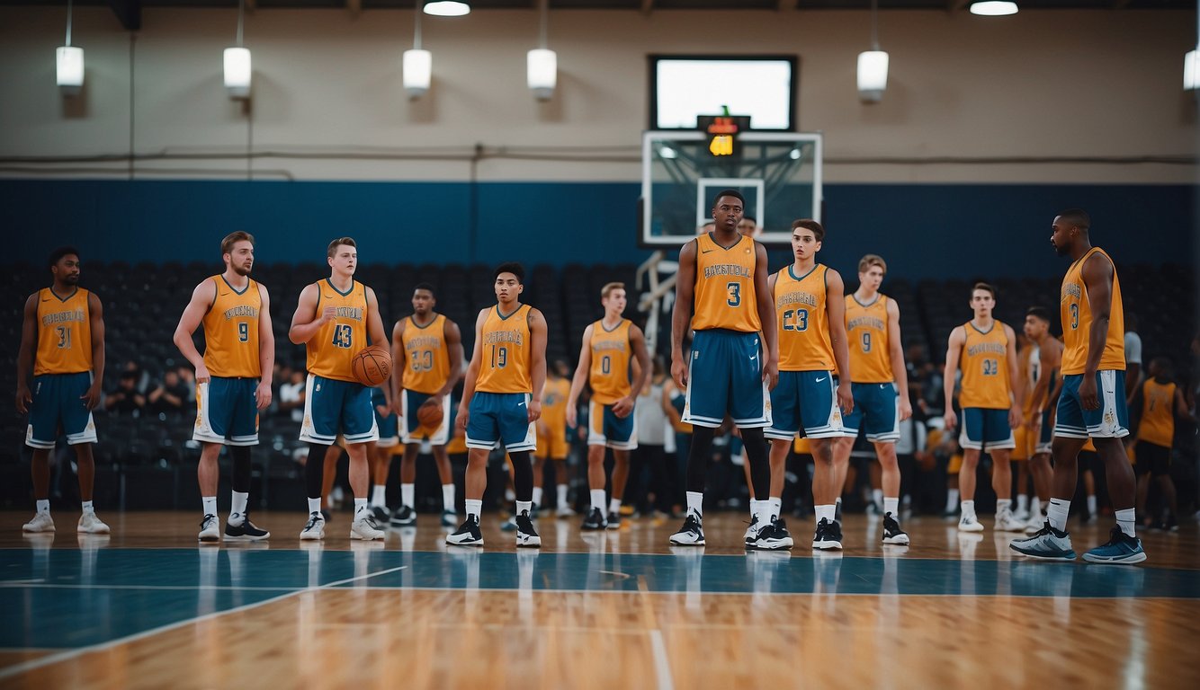 Multiple basketball teams in a gym, each with their own distinct jerseys and logos, practicing and competing on the court