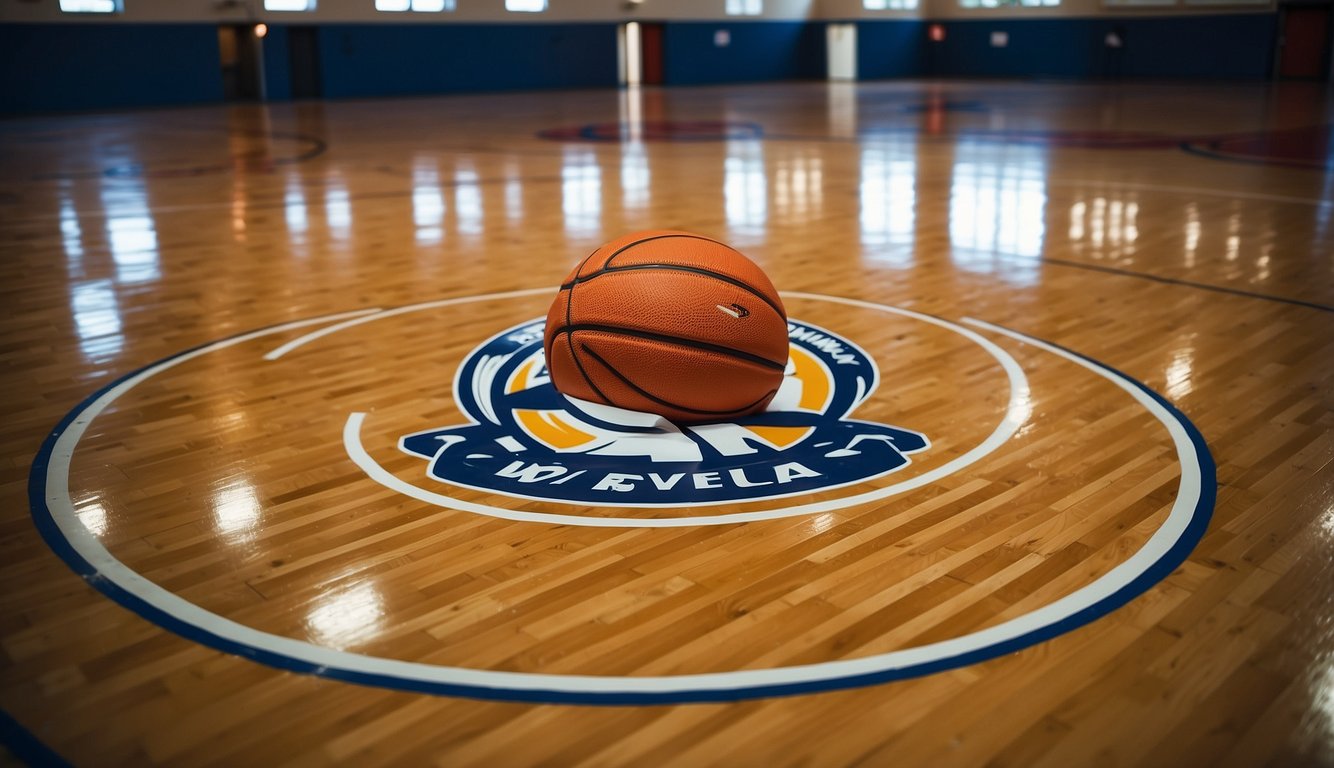 A basketball court with 30 team logos displayed on the floor