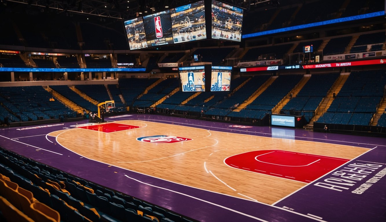 A basketball court with logos of notable NBA franchises displayed around the arena