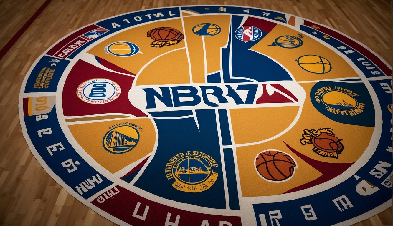 A basketball court with 30 NBA team logos displayed in a circular format, representing the total number of teams in the league