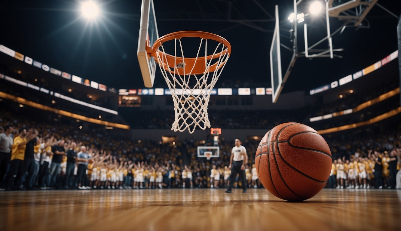 A basketball court filled with cheering fans as two teams compete in a high-stakes game, with the sound of sneakers squeaking on the hardwood and the swish of the ball through the net