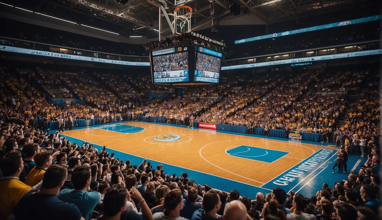 A basketball court with multiple team logos displayed, surrounded by cheering fans in a packed arena