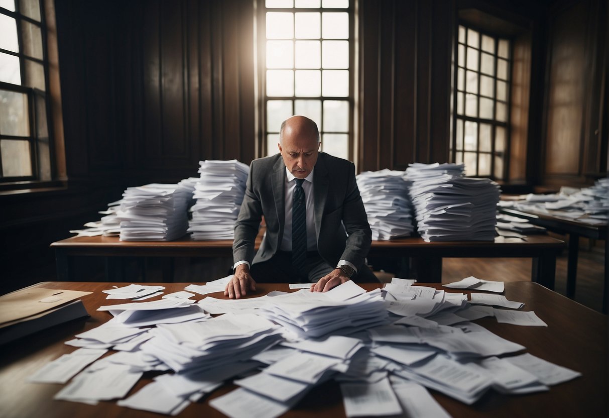 An empty conference room with scattered papers and abandoned bidding documents, a frustrated official looking at a pile of unopened envelopes