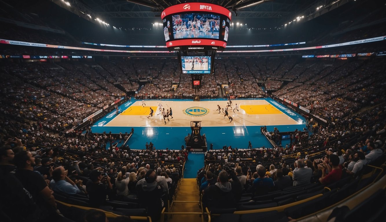 Basketball teams from around the world gather in a global arena, representing the NBA's widespread influence