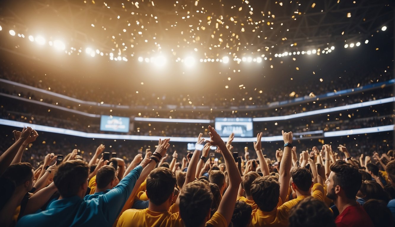 Fans cheer for various basketball teams, waving banners and wearing team colors. The arena is filled with excitement and energy