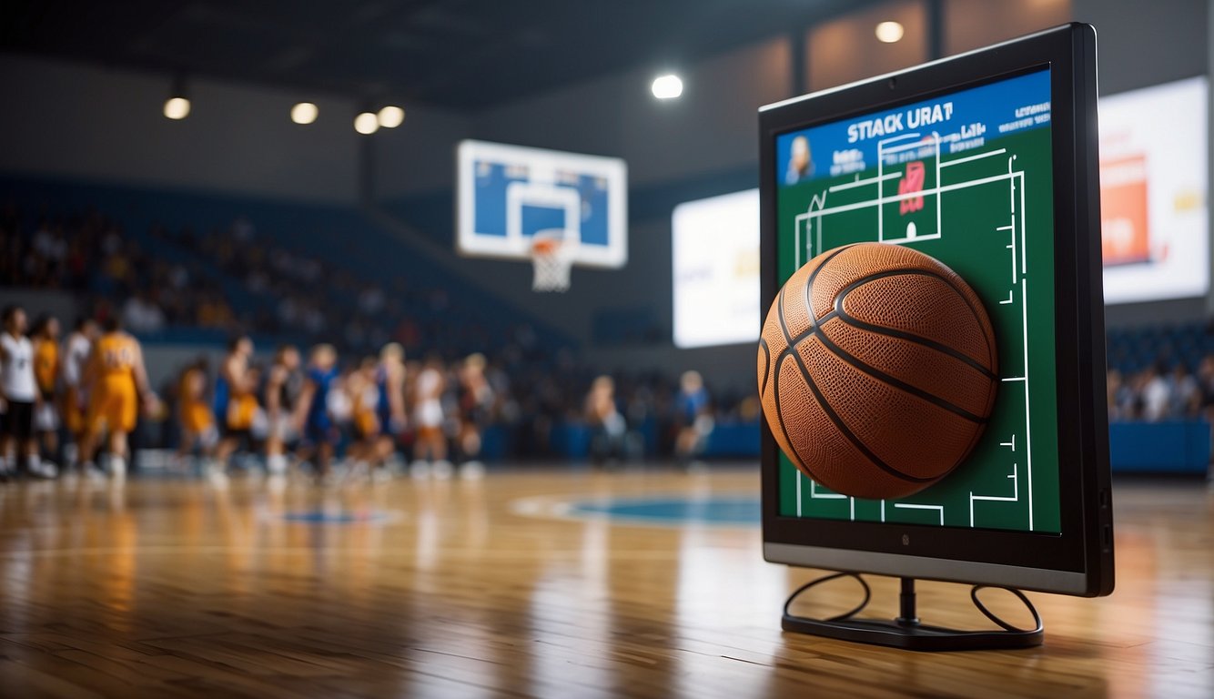 A basketball bouncing on a court with a hoop in the background. A computer screen displaying code for creating a sprite in Scratch