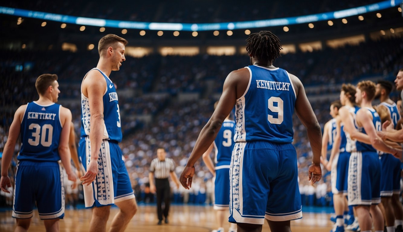 A basketball court with two teams in blue and white jerseys facing off. The crowd is cheering and the scoreboard shows "Kentucky vs. [opponent]."