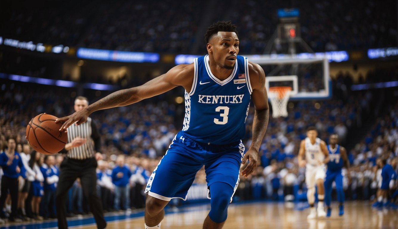 The Kentucky basketball team faces off against their opponent in a packed arena, with fans cheering and players in action on the court