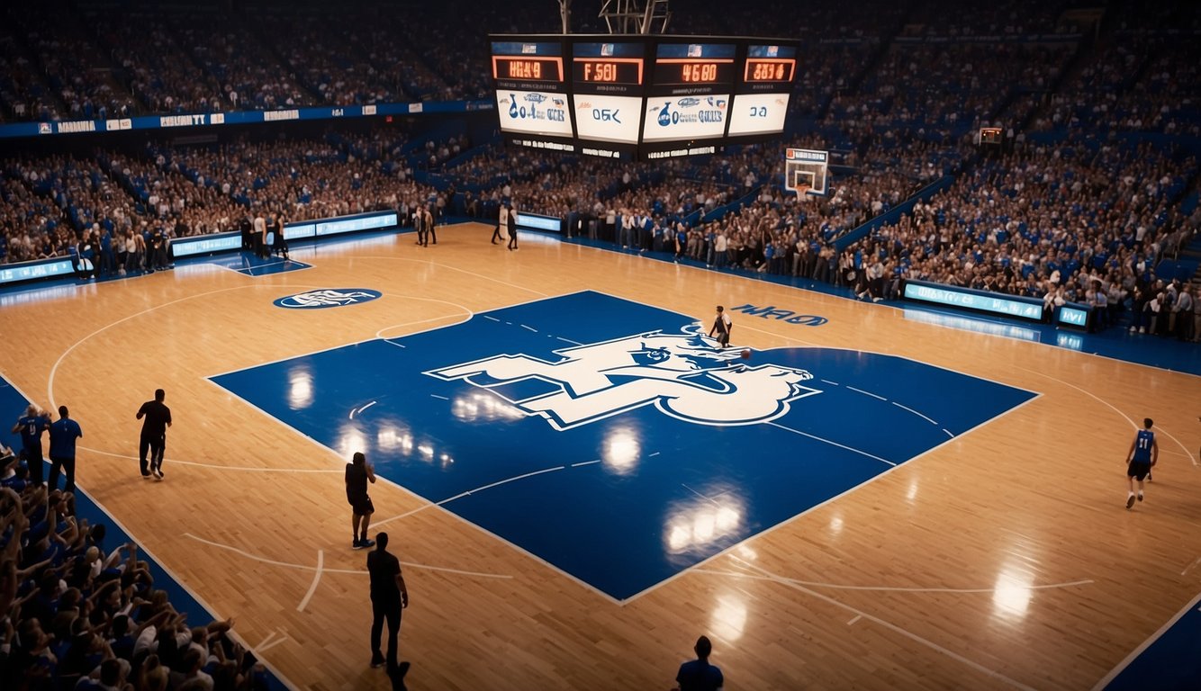 A basketball court with Kentucky team logo, scoreboard, and crowd cheering