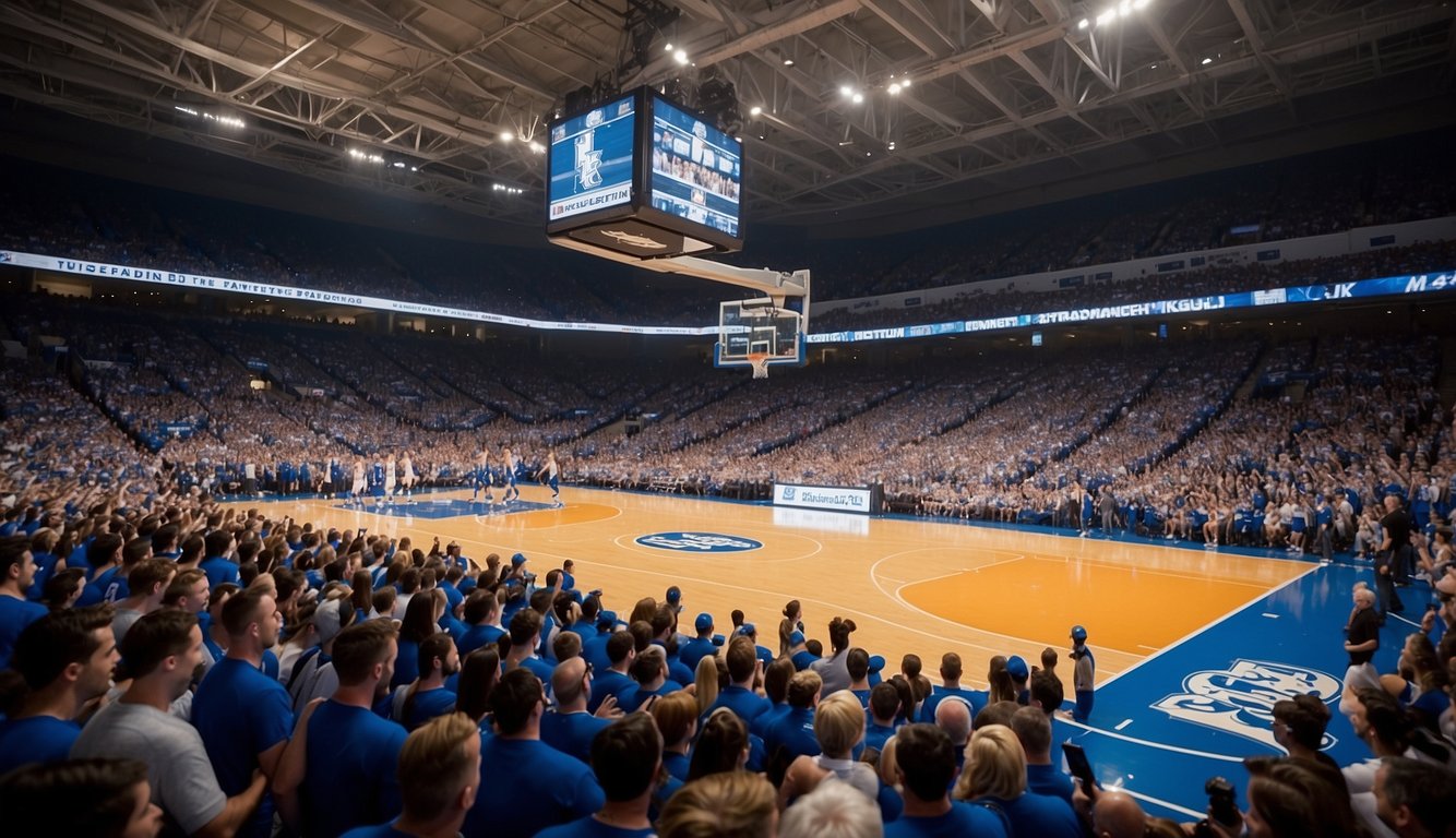 The basketball court is packed with cheering fans as Kentucky faces off against their opponent in a high-stakes game