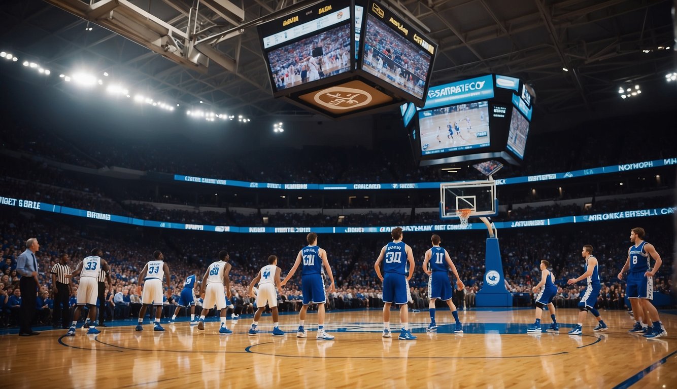 A basketball court with players in Kentucky jerseys facing off against an opposing team. The scoreboard displays "Kentucky vs. [Opponent]" with the game details