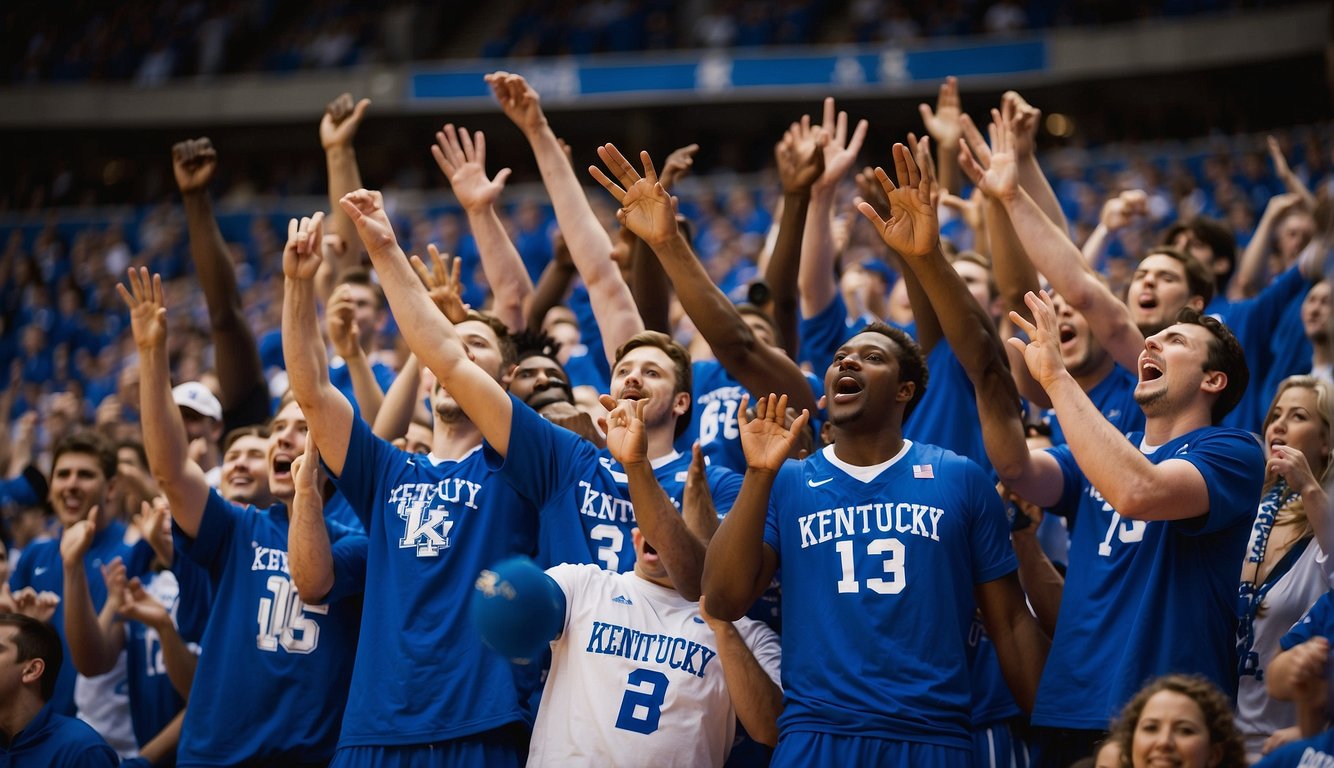 Kentucky basketball team engages fans in a lively game today. Crowd cheers and players interact with supporters