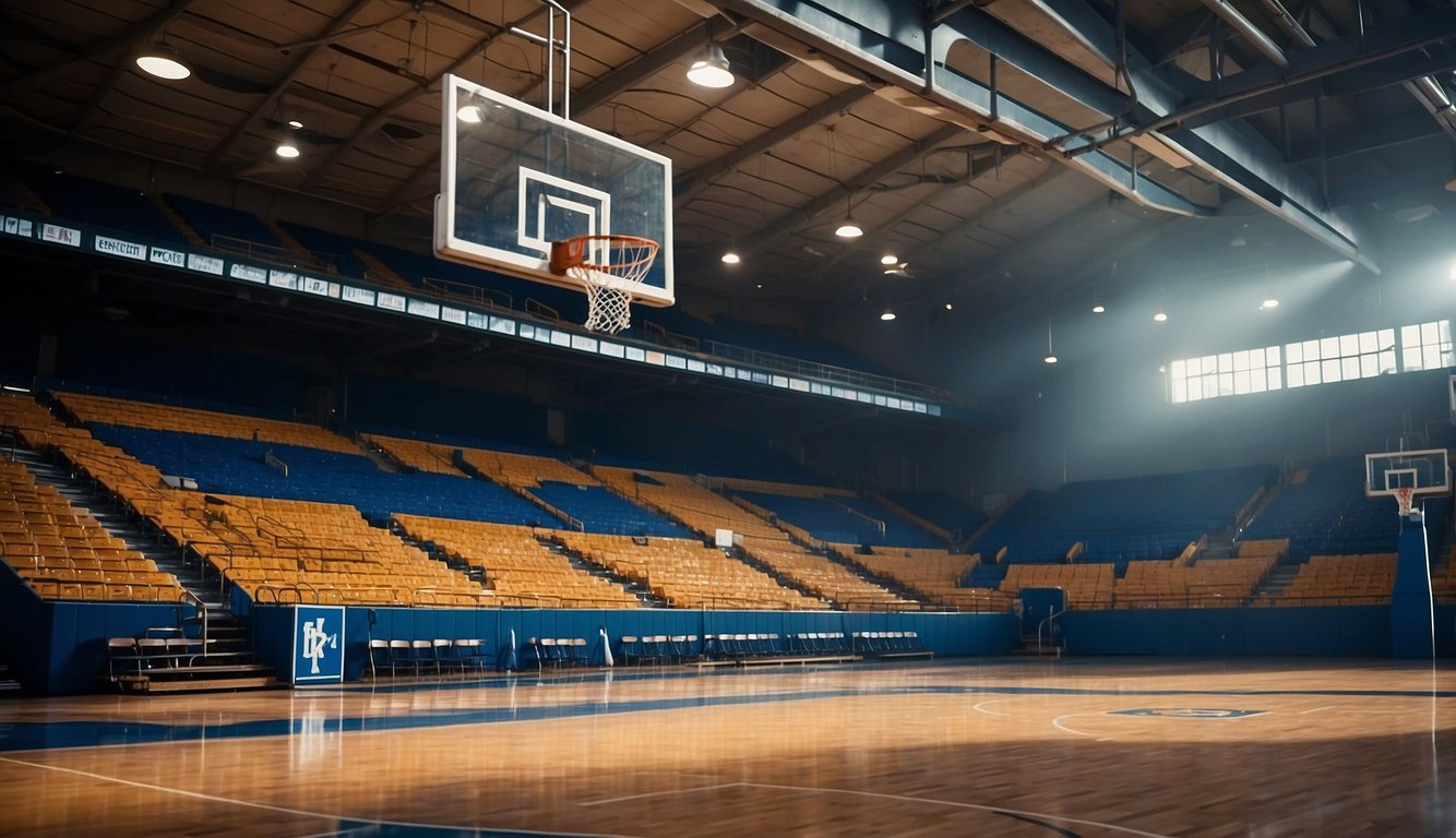 A basketball court with empty bleachers, scoreboard showing "Kentucky vs. [opponent]," and scattered equipment