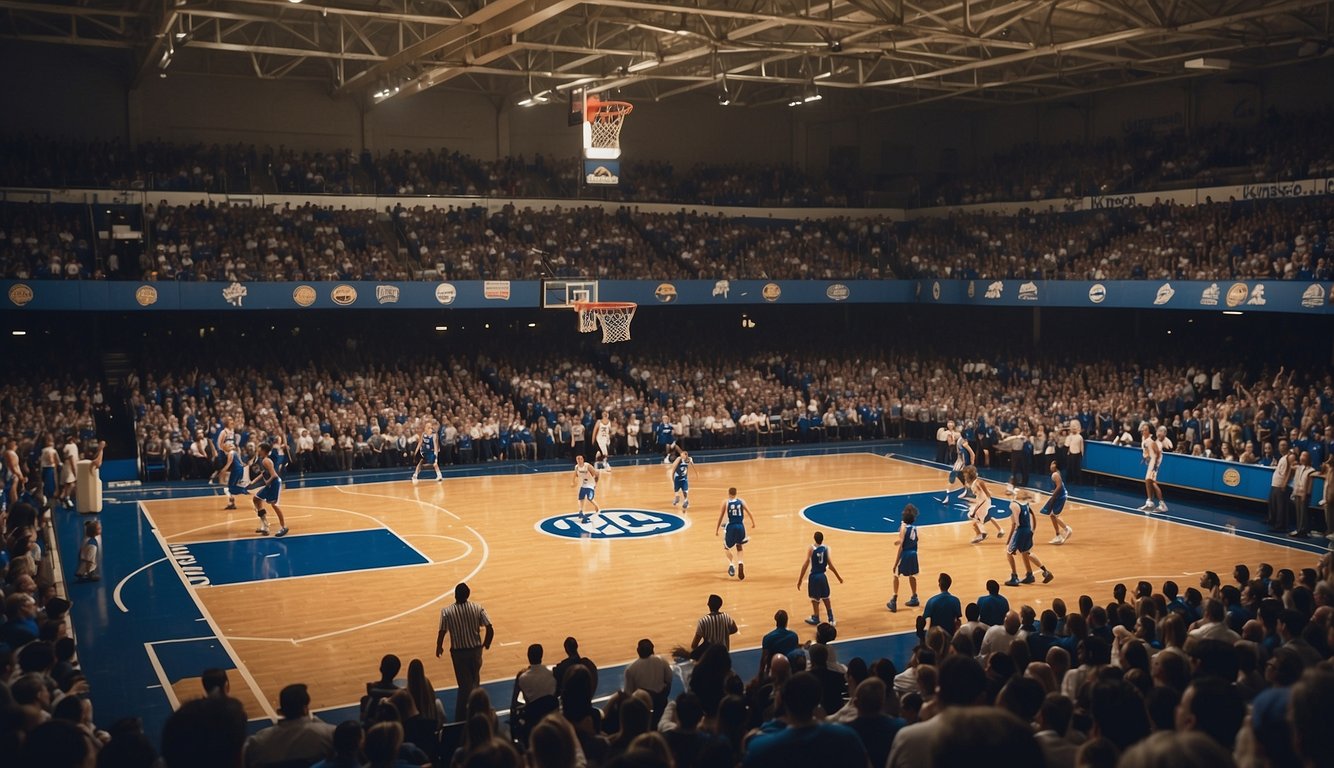 A basketball court with Kentucky team playing in a historical setting