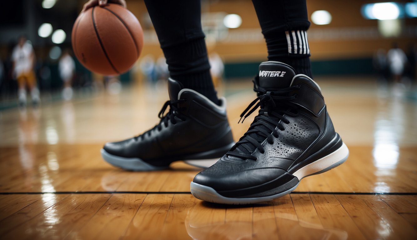 A basketball court with a point guard making quick cuts and sharp movements, wearing high-top, lightweight, and supportive basketball shoes