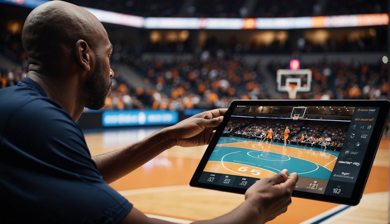 Basketball court with players using Hudl app on tablets. Coaches analyzing game footage. Stats and play diagrams displayed on screens