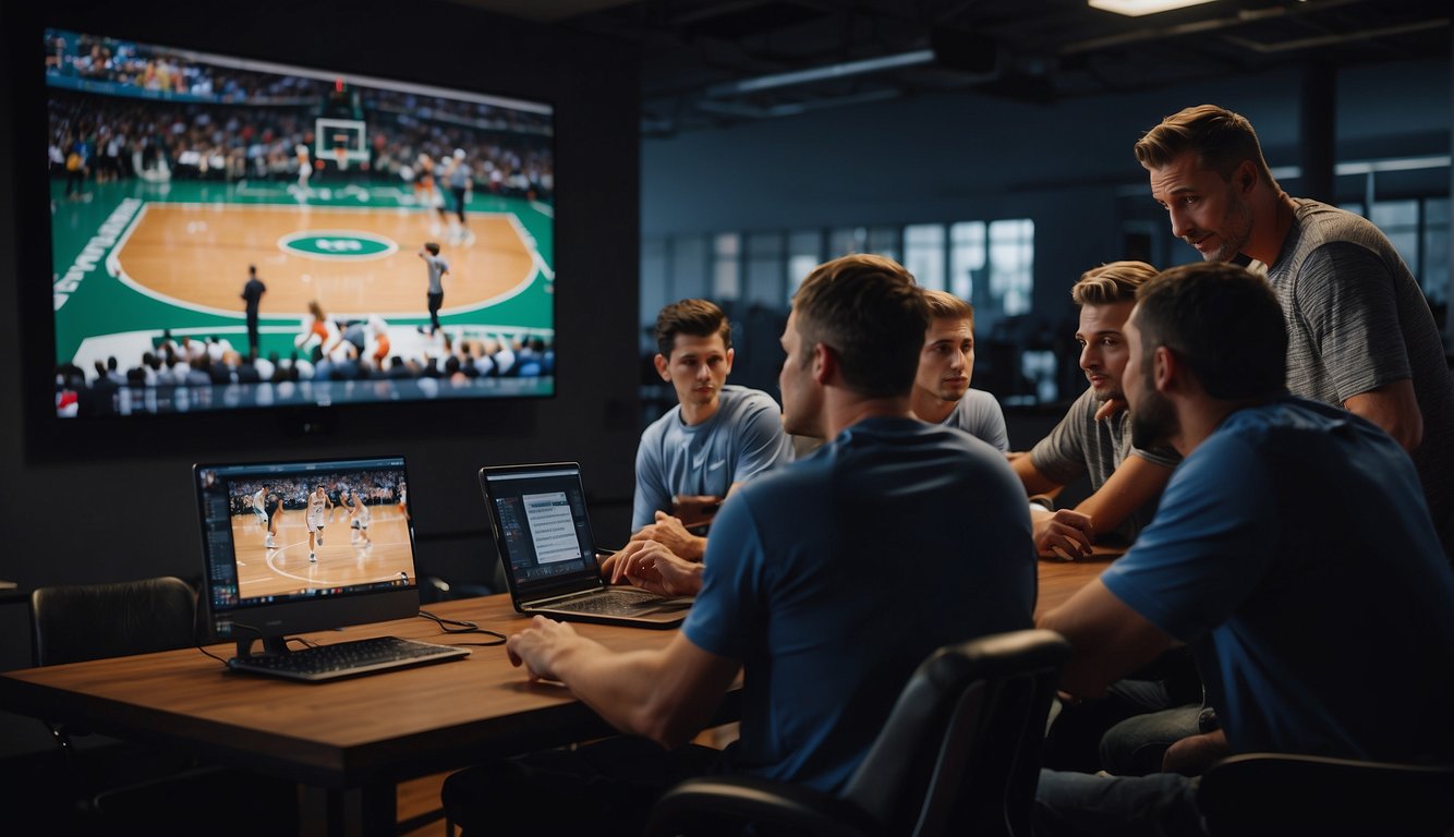 Players and coaches gather around a computer screen, analyzing basketball game footage on the Hudl platform. They discuss strategies and techniques for improving performance