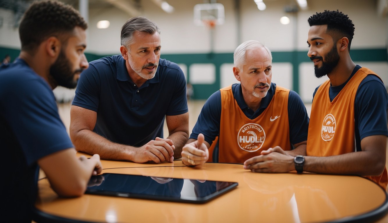 Basketball coaches discussing and demonstrating how to use Hudl, sharing insights and collaborating on game analysis