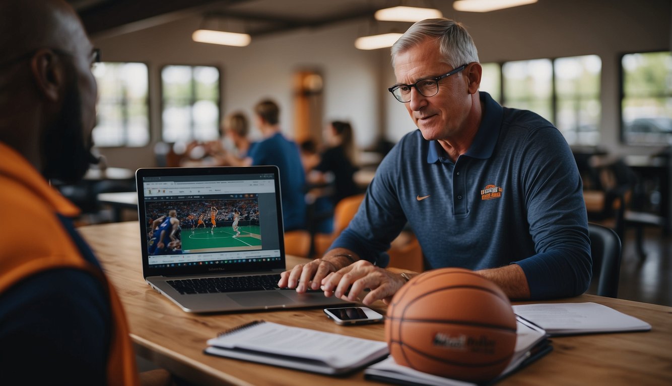 Basketball coach accessing Hudl on laptop, surrounded by playbooks, notebooks, and markers. Displaying game footage and tutorials on screen