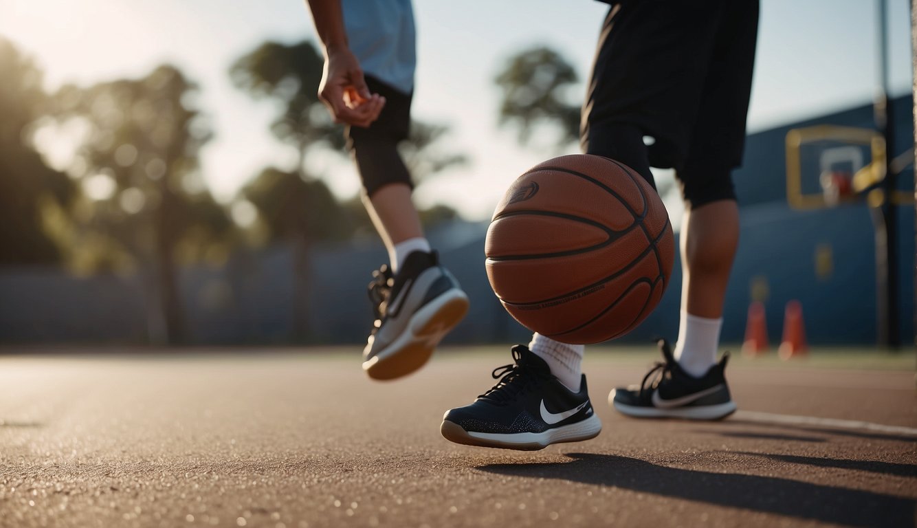 A person dribbles a DribbleUp basketball on a court, using quick and controlled movements. The ball bounces smoothly on the ground