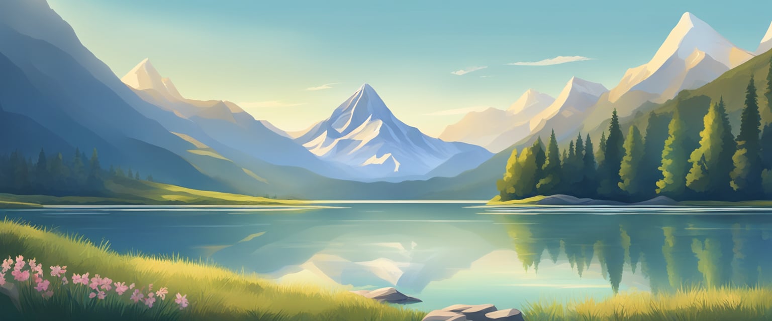 A serene landscape with a majestic mountain range, a tranquil lake, and a clear blue sky