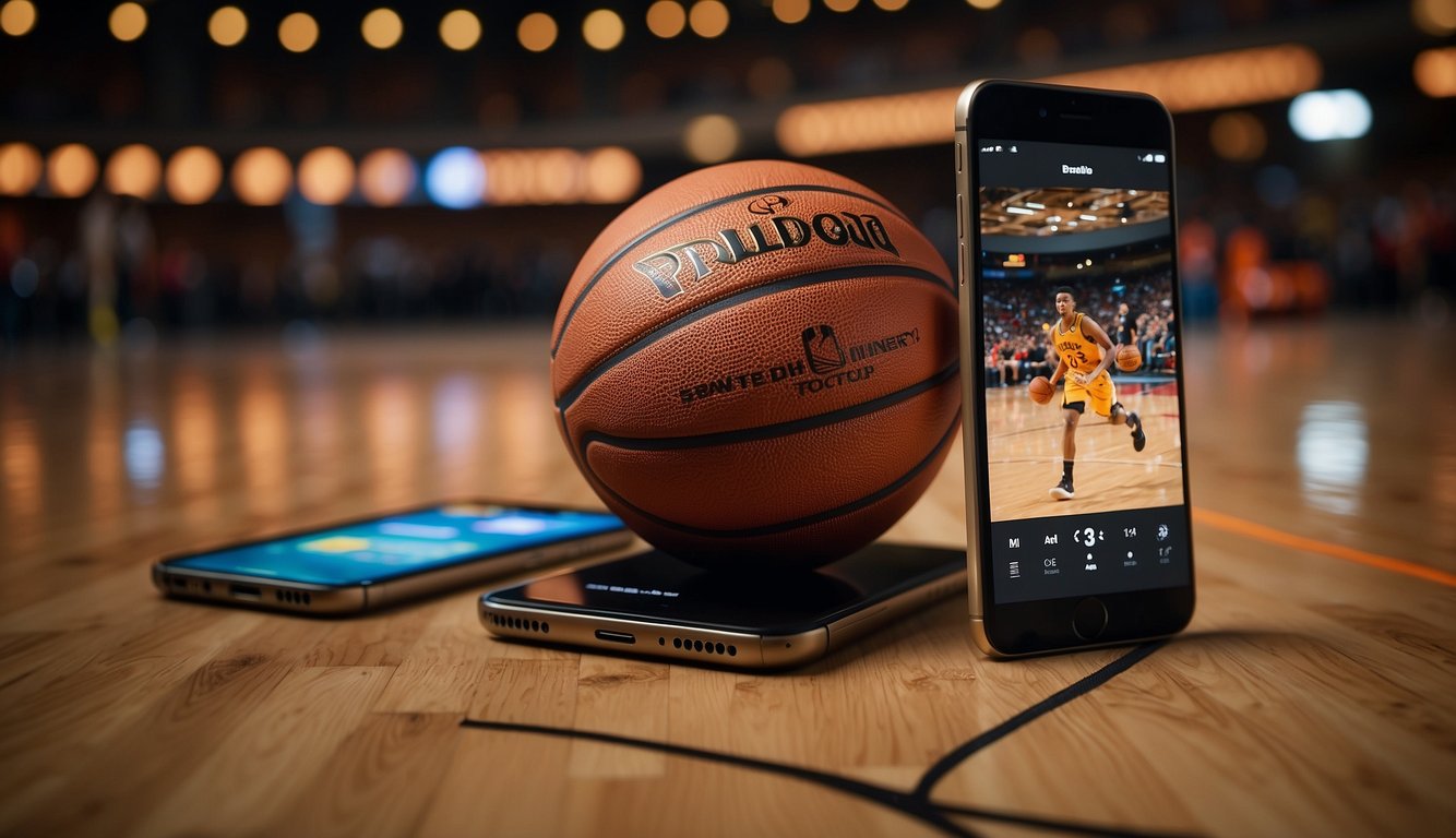 A basketball sits on a hardwood court, surrounded by cones. A smartphone is propped up, displaying the DribbleUp app. The user's personalized training program is visible on the screen