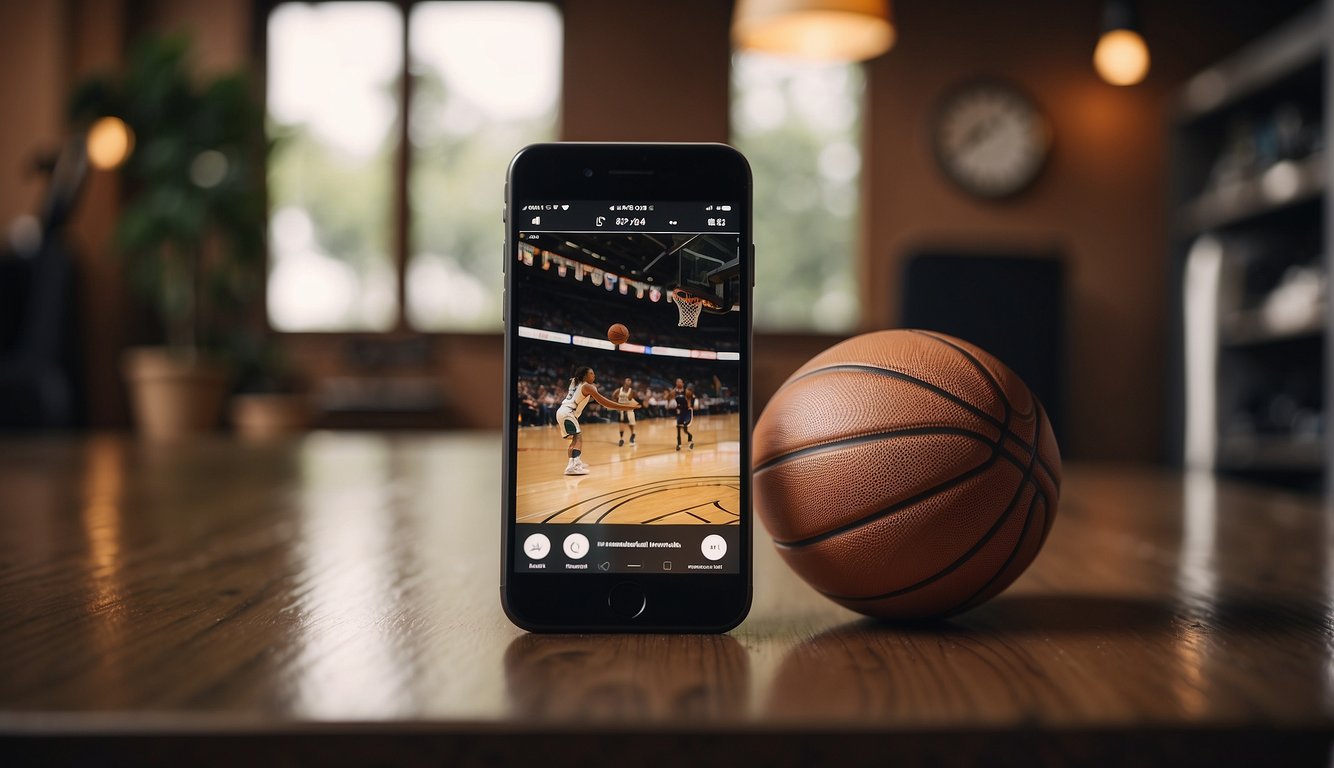 A basketball sits on the floor next to a smartphone with the DribbleUp app open. A user's finger taps the screen, selecting a workout