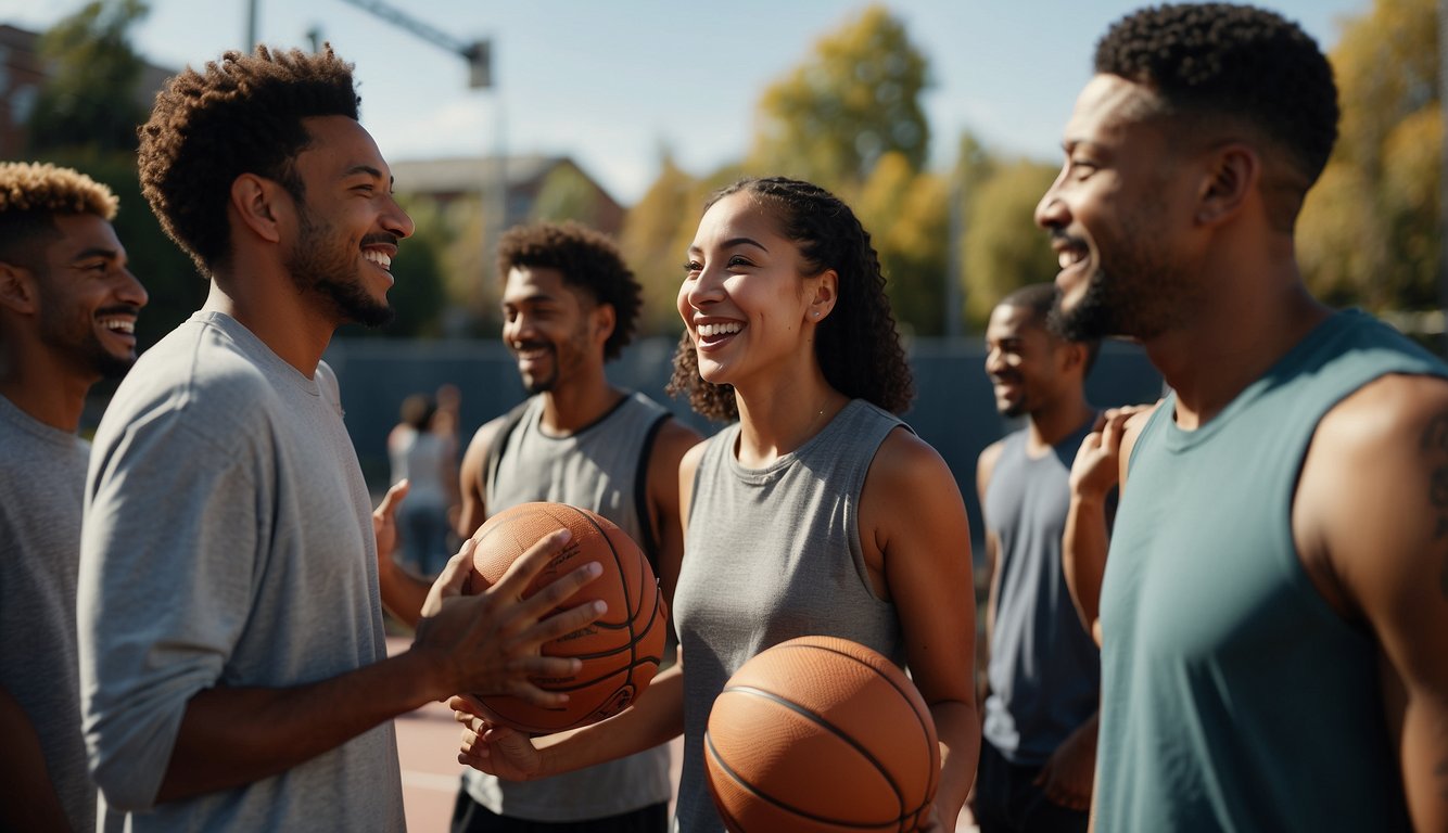 A group of people gather around a basketball court, passing and shooting with DribbleUp basketballs. Smiles and laughter fill the air as they connect and build community through the game