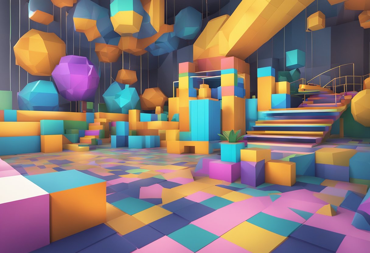 A geometric playground in Roblox, with colorful shapes and patterns, creating an immersive and interactive environment