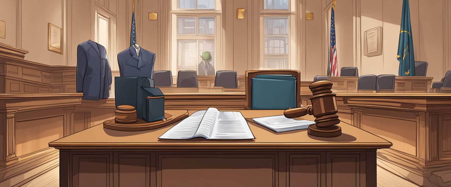 A courtroom with legal documents, scales of justice, and a gavel on a desk