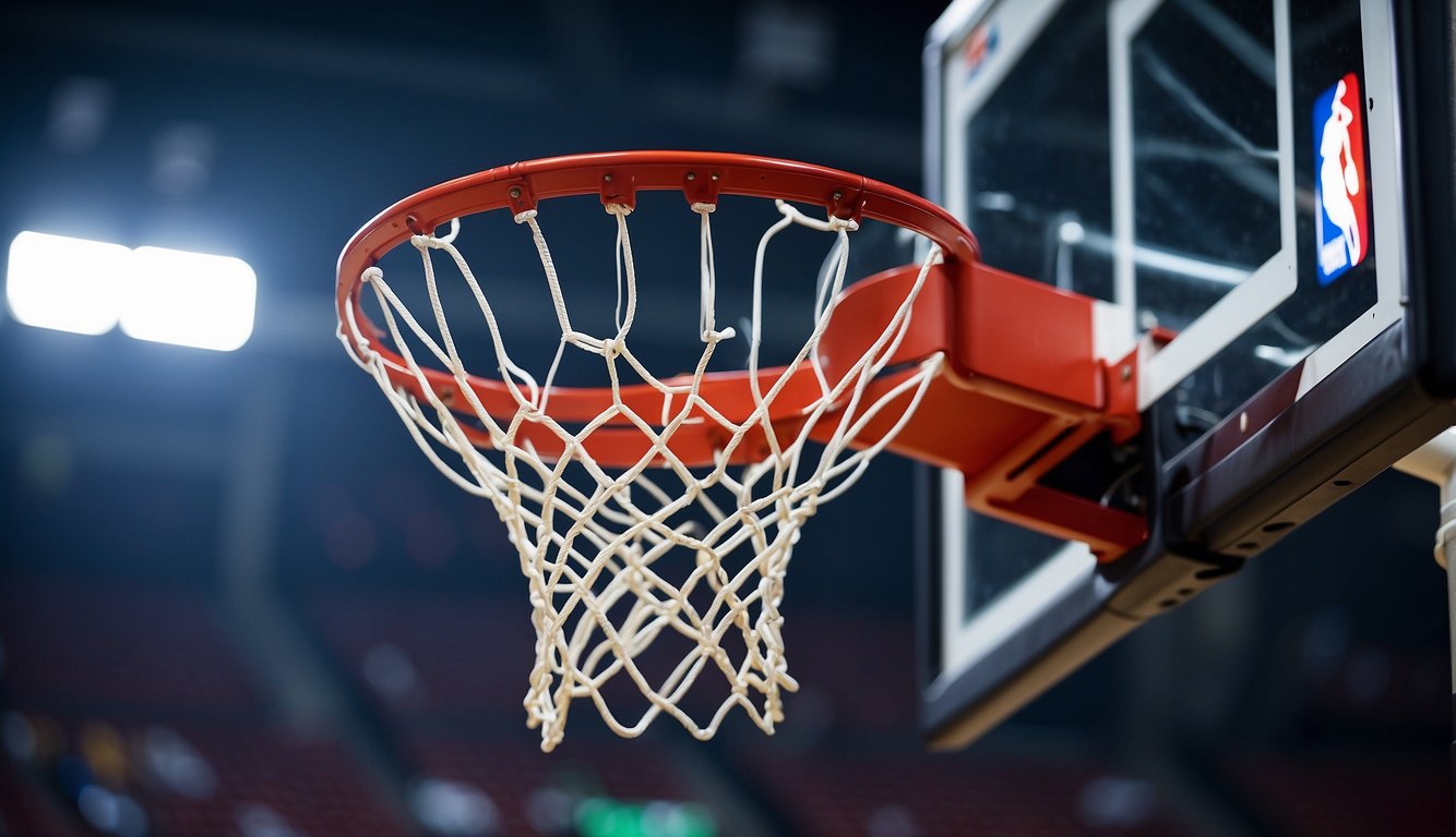 A regulation NBA basketball hoop mounted on a backboard with a red metal rim and a white net, positioned at the standard 10-foot height