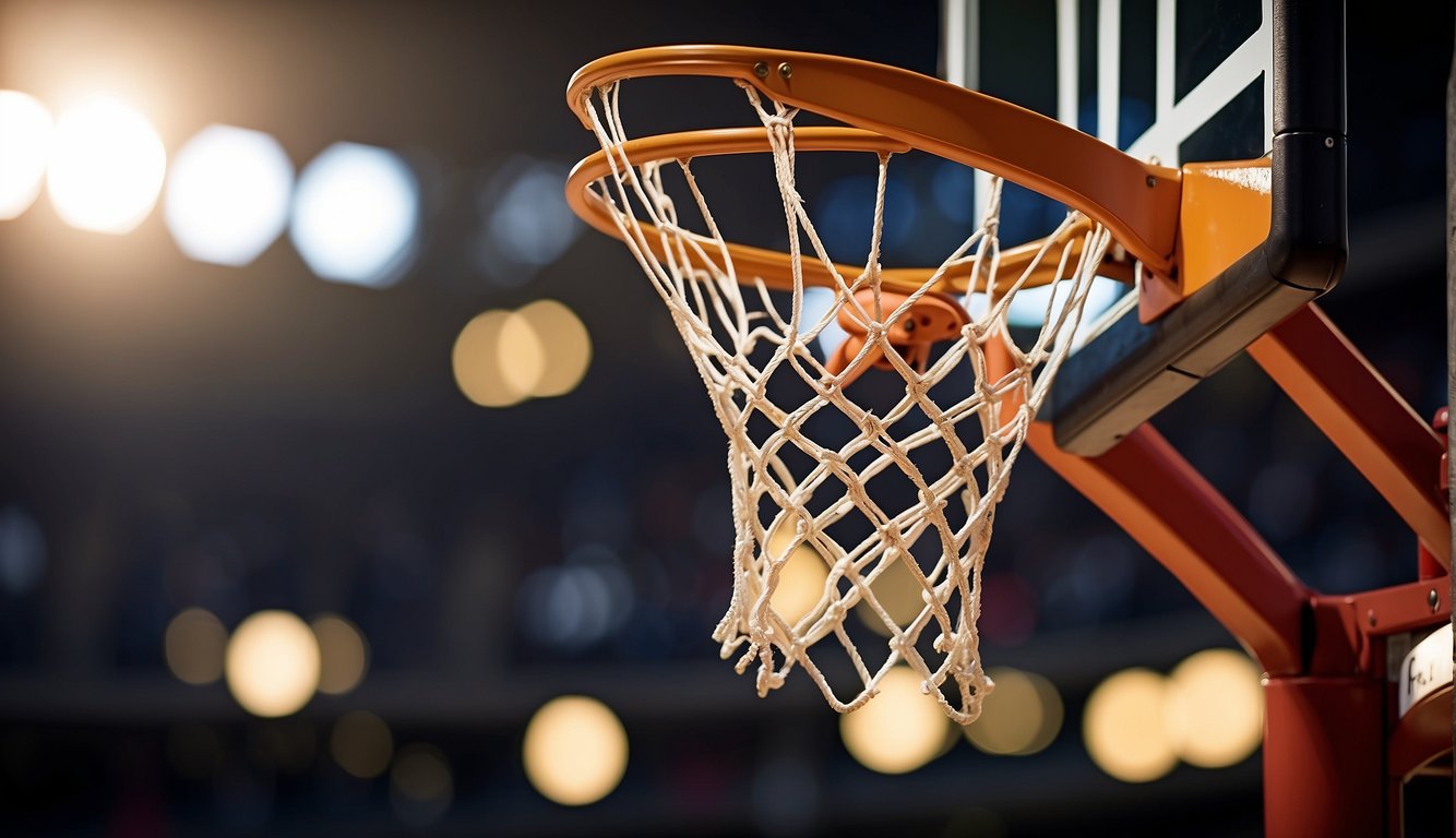 A regulation NBA basketball hoop, with an 18-inch diameter rim, mounted 10 feet above the playing surface, and attached to a rectangular backboard